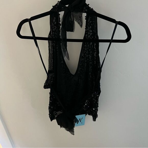 NWT Marciano by Guess black sequinned v neck tie back halter top sz L - Picture 6 of 16
